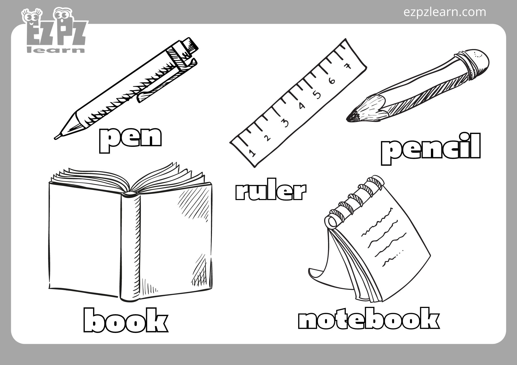 Classroom Coloring Page Includes pen, ruler, pencil, book and notebook